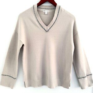 GREY Jason Wu Chain‎ Trim V-Neck Sweater Beige S Minimalist Quiet Luxury Knit